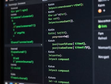 Macro shot of clean Kotlin code and Jetpack Compose UI declarations on a dark monitor, electric green syntax highlighting, sharp focus, 35mm
