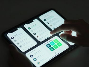 High-fidelity mobile wireframes displayed on a tablet, hands interacting with the touch screen, moody studio lighting, cyan and green LED glows