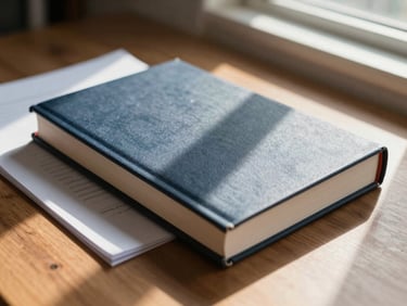 Tight shot of a closed book cover resting against a stack of papers on a wooden desk, morning light from a window to the right, shadow falling diagonally across the cover surface