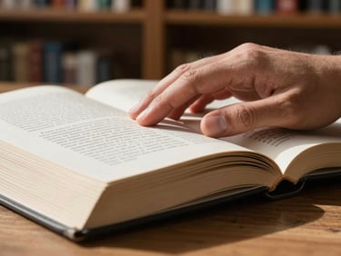 Hand resting on the open spine of a thick essay collection, natural north-facing light, blurred bookshelves visible in the background, focus on the hand and the page edge