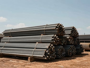 Wide shot of a concrete pole storage yard in Brasília with rows of poles stacked horizontally under daylight sky, industrial scale, no people