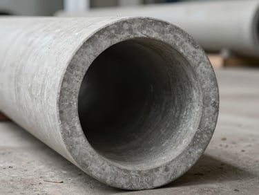 Extreme close-up cross-section of a circular concrete pole profile resting horizontally on a warehouse floor under natural daylight, showing the hollow cylindrical geometry and stamped dimensional markings on the gray concrete surface, no people