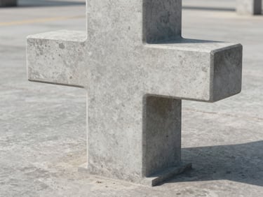 Extreme close-up cross-section of a Double T concrete pole profile shot on a flat industrial surface under neutral daylight, showing the distinctive T-shaped flange geometry and textured gray concrete surface, no people