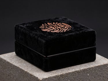 Macro shot of a luxury perfume box, matte black velvet texture, embossed hot-copper gold foil Arabic calligraphy, sharp side lighting, minimalist stone pedestal, dark background