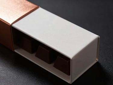 Close-up of structured luxury chocolate gift box folds, clean geometric lines, copper foil accents, dramatic side-lighting with deep shadows, minimalist setup