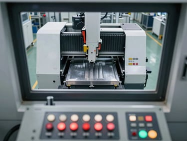 Close-up overhead view of a manufacturing plant floor seen through a window, CNC machine controls and indicator lights visible on a desk surface in the foreground, neutral industrial lighting, no people facing camera