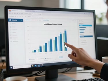 Close-up of a software analytics dashboard on a monitor screen, cursor pointing at a bar chart showing monthly lead volume, keyboard and coffee cup visible at bottom edge, office daylight from a nearby window, no faces