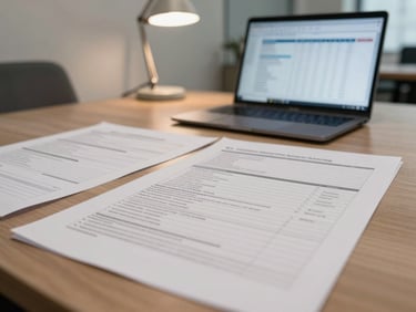 Wide environmental shot of a professional services office, printed documents and a laptop open to a spreadsheet on a conference table, desk lamp casting neutral light, no one facing camera, shallow depth of field on the foreground papers