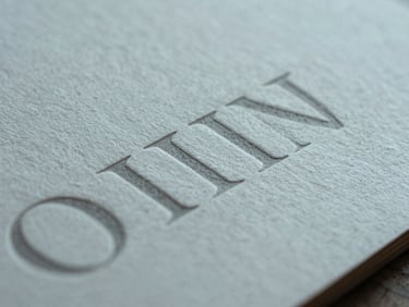 Extreme close-up macro crop of premium textured paper packaging with debossed minimalist typography, cool soft daylight, highlighting physical texture.