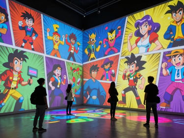 Immersive media art room with projection mapping of colorful comic characters on walls, visitors in silhouette.