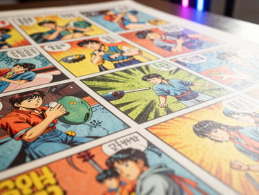 Close-up of vintage Korean comic book pages, warm nostalgic lighting, selective focus.