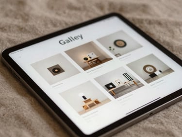 Close-up of a structured digital gallery interface displayed on a physical tablet, warm linen background, diffused natural light.