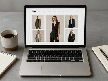 Top-down flat lay of a laptop screen displaying a minimal fashion editorial layout, next to a ceramic cup and notebook, soft shadows.