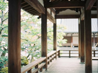 A quiet wooden temple corridor in Kyoto with soft green foliage visible outside, warm morning light, 35mm film style.