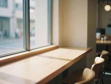 Warm editorial photo of a minimalist Tokyo cafe interior, soft morning light filtering through a window, shallow depth of field.