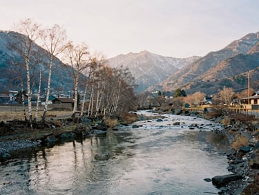 Serene landscape of Kamikochi valley, clear river reflecting birch trees and soft mountain peaks, gentle golden hour light.
