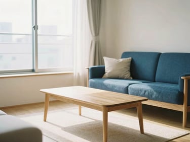 Bright and airy modern serviced apartment living room in Tokyo, minimalist wooden furniture, large windows with soft natural light