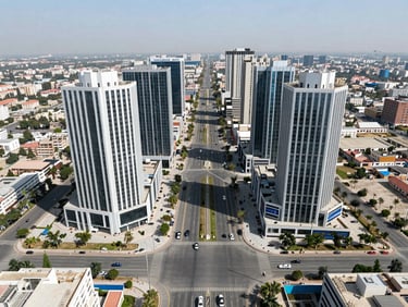 Symmetrical wide-angle drone shot of DHA Islamabad phase two under bright crisp daylight, showing structured road networks and modern commercial elevations.
