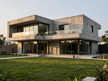Modern luxury farmhouse in Gulberg Greens Islamabad, minimalist concrete architecture, large glass windows, manicured lawn at golden hour