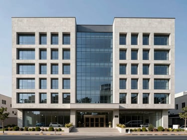 Symmetrical front elevation of a modern multi-story commercial plaza in DHA Islamabad, clean concrete and glass facade, bright daylight
