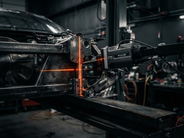 Close-up of a laser alignment system measuring a car chassis in a clean, dark industrial workshop, high-contrast orange alignment line, 50mm lens