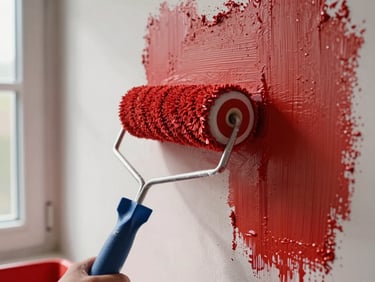 Close-up of a paint roller mid-stroke on an interior wall, thick red paint spreading evenly, natural window light from the side, paint tray visible in lower corner