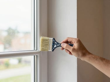 Close-up wide shot of a painter cutting in around a window frame with a brush, interior room walls half-painted in warm white, natural daylight flooding through the window