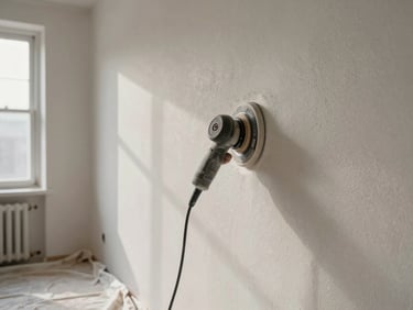 Wide shot of a painter sanding a wall surface with an orbital sander, dust sheet on the floor, natural daylight from a window to the left, surface texture clearly visible