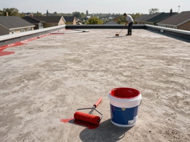 Wide shot looking across a flat residential roof mid-application, roller and bucket of red roof paint in foreground, painter working toward the far edge in natural daylight