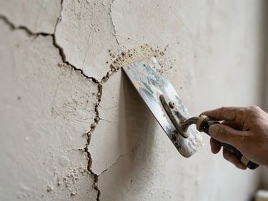 Extreme close-up of a cracked and spalled wall surface being filled and smoothed with a scraper, natural daylight, dust and repair compound visible showing honest prep work in progress