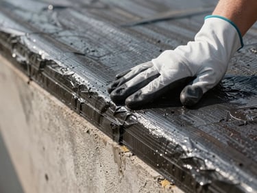 Extreme close-up of a waterproofing membrane being applied to a parapet wall, gloved hand pressing the sheet flat, natural daylight, damp wall texture visible at the edge
