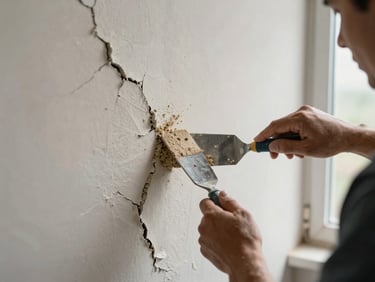 Close-up of a cracked plaster wall being filled and sanded, worker's hands holding a putty knife mid-stroke, dust particles visible in natural window light