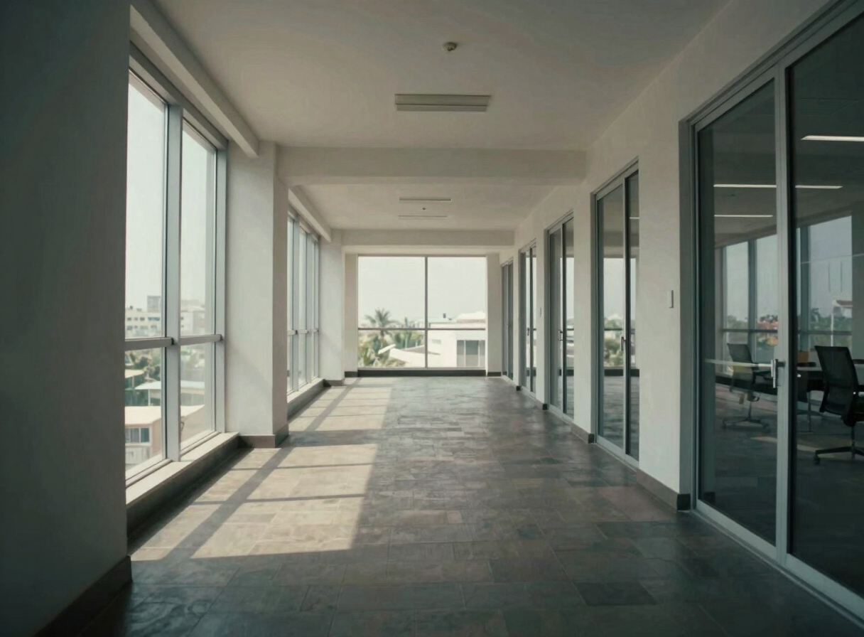 Medium shot of a commercial office floor in Victoria Island, Lagos — open-plan, natural window light from the left, empty space, architectural walkthrough framing