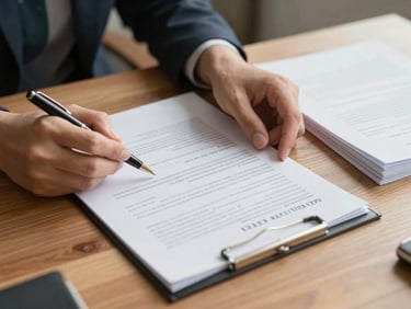 Close-up of hands signing a property contract on a wooden desk, natural office daylight, a pen resting across the document, additional contract pages stacked neatly to the side