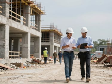 Wide environmental shot of a construction site walkthrough, a site manager in a hard hat reviewing a clipboard while standing beside a partially completed concrete structure, natural daylight, workers visible in the mid-ground