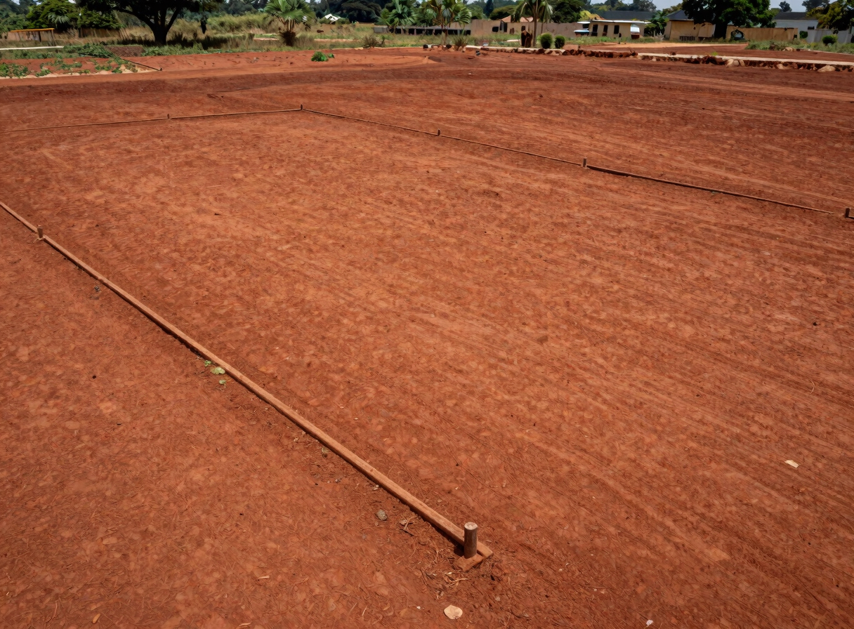 Wide ground-level shot of a surveyed land plot in Abuja, staked boundaries visible, natural daylight, red laterite soil, no people, site documentation style