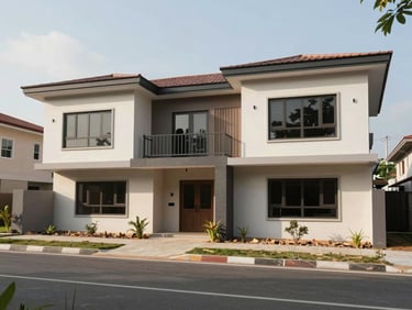 Medium shot of a newly completed duplex exterior in Port Harcourt — rendered facade, daylight, site access road in foreground, no people, architectural documentation