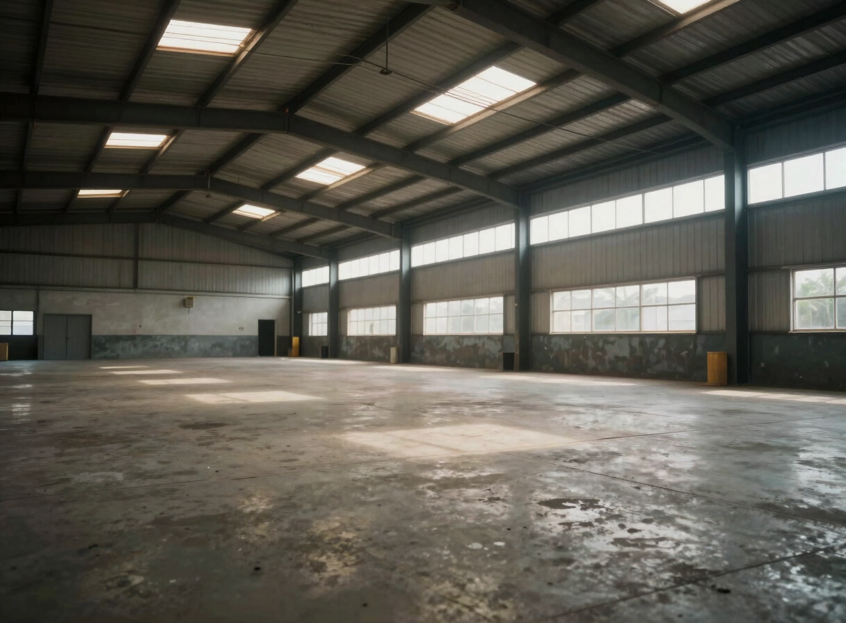 Close-up wide shot of a warehouse interior in Ikeja, Lagos — concrete floor, high ceiling, natural light through roof vents, empty, industrial documentation style