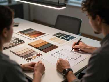 Medium shot of an interior designer presenting material samples and floor plan drawings to a client across a meeting table, overhead office lighting, fabric swatches and paint chips arranged on the table surface