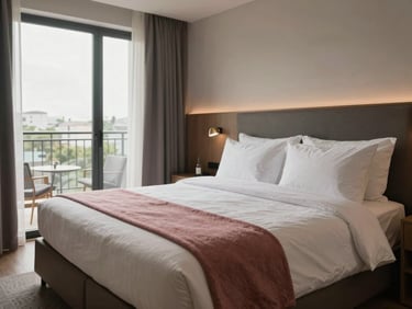 Wide shot of a boutique hotel room with freshly made bed dressed in crisp off-white linen, textured throw at foot of bed in dusty rose, north-facing natural light, no people, real room not styled set