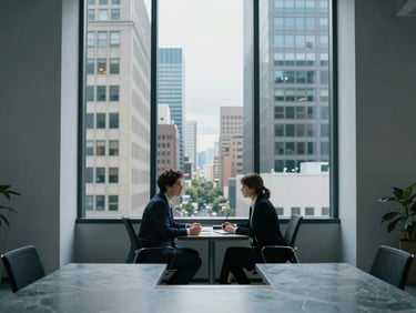 A professional consultation in a sunlit Seattle office overlooking downtown buildings, clean architectural lines, cool slate tones, 35mm lens
