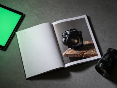 Precise overhead flat-lay of a physical design portfolio book open on a workbench, illuminated by a cold neon green screen glare from a tablet next to it, high-contrast studio lighting, sharp shadows.