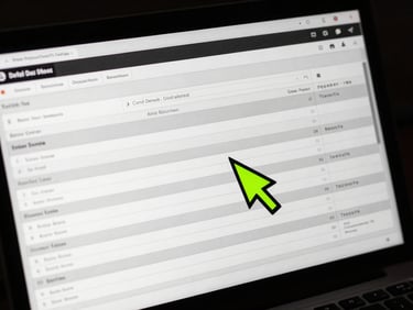 High-resolution screen capture of an interactive web interface showing complex archival data sorting, stark monochrome with a kinetic neon green cursor, sharp contrast.