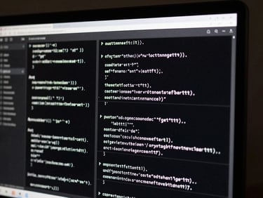 High-resolution screen capture of a minimalist interactive web interface, showing glowing monospace code lines overlaid on a high-contrast black-and-white editorial grid layout, sharp screen-glare reflections, dark background.