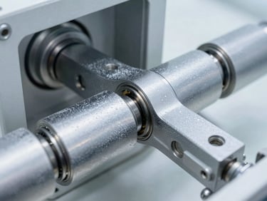 Tight macro shot of a pneumatic actuator linkage inside a climate testing chamber, frost visible on steel surfaces, crisp studio lighting, sharp focus, 35mm