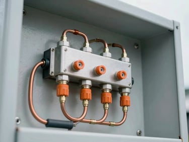 Close-up of an industrial pneumatic control panel with copper lines and safety-orange fittings, crisp focus, architectural detail, 35mm