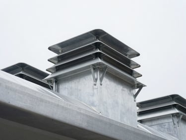 Low-angle architectural shot of heavy-duty aluminum roof vents, bright overcast daylight, cool metallic tones, sharp focus on mechanical linkages, 35mm