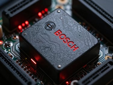 Macro shot of a Bosch ECU circuit board with red diagnostic LED lights, high-contrast shadows, 35mm lens