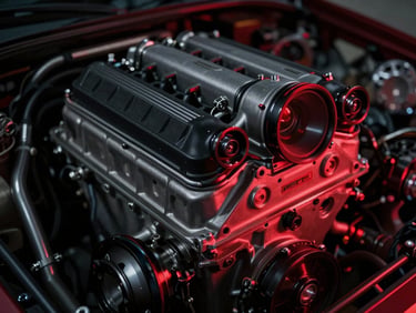 Close-up of a twin-turbocharger setup on an American V8 engine, low-key dramatic red rim lighting, 35mm lens