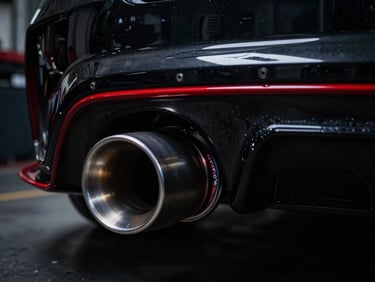 Tight macro shot of a titanium exhaust weld on a Japanese tuner car, high-contrast dark garage lighting, 35mm lens